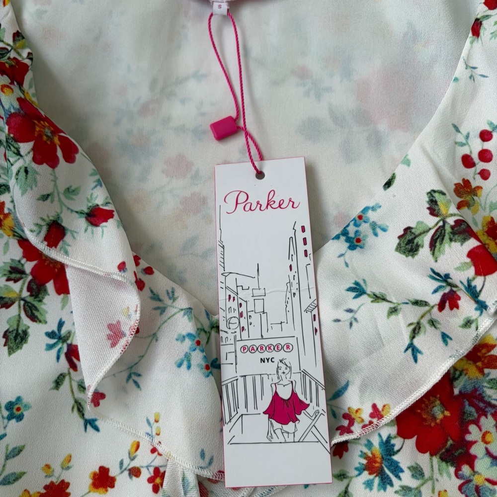 NWT Parker Sz S White Spring Ditsy Floral Cold Shoulder Lined Mini Ruffle  Dress - Picture 10 of 10